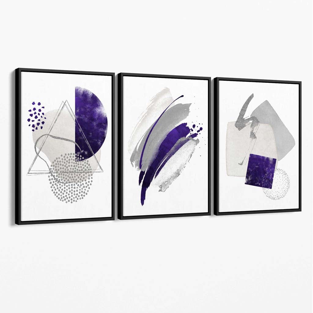 Set aus 3 abstrakten lila silber grau Aquarellformen Leinwand