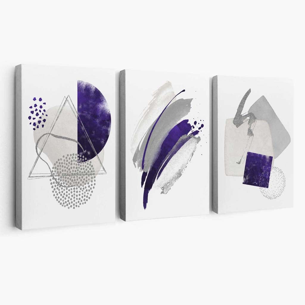 Set aus 3 abstrakten lila silber grau Aquarellformen Leinwand