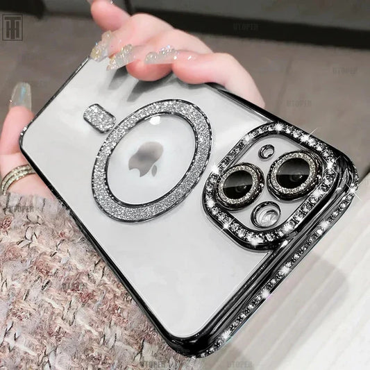 Luxus Kristall Diamant Klar Hülle Für iPhone 15 11 12 13 14 Pro Max Plus Bling Funkelnd Magsafe Magnetisch Kabelloses Ladecover