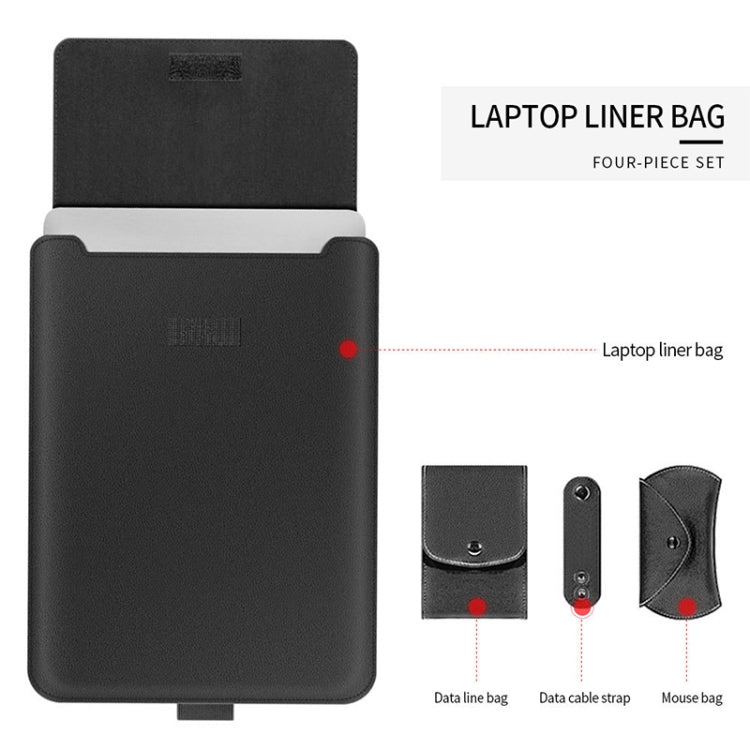 4 in 1 Universal wasserdichtes PU-Leder Laptop Liner Tasche mit Griff & Ständer & Stiftehalter + 2 Winder + Maus Tasche + Ladegerät Tasche Set für 13 / 14 Zoll Laptops (Schwarz)