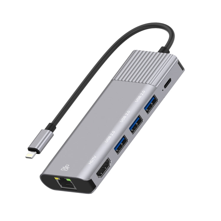 Sandsberg | 79591 6 in 1 8 Pin zu RJ45 + HDMI + 8 Pin Laden + 3 USB 2.0 Ports Multifunktionales HUB Konverter Dockingstation