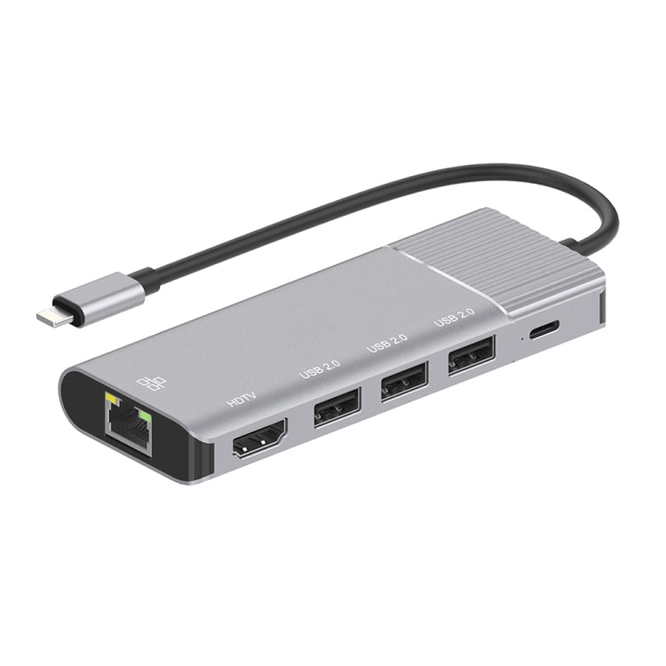 Sandsberg | 79591 6 in 1 8 Pin zu RJ45 + HDMI + 8 Pin Laden + 3 USB 2.0 Ports Multifunktionales HUB Konverter Dockingstation