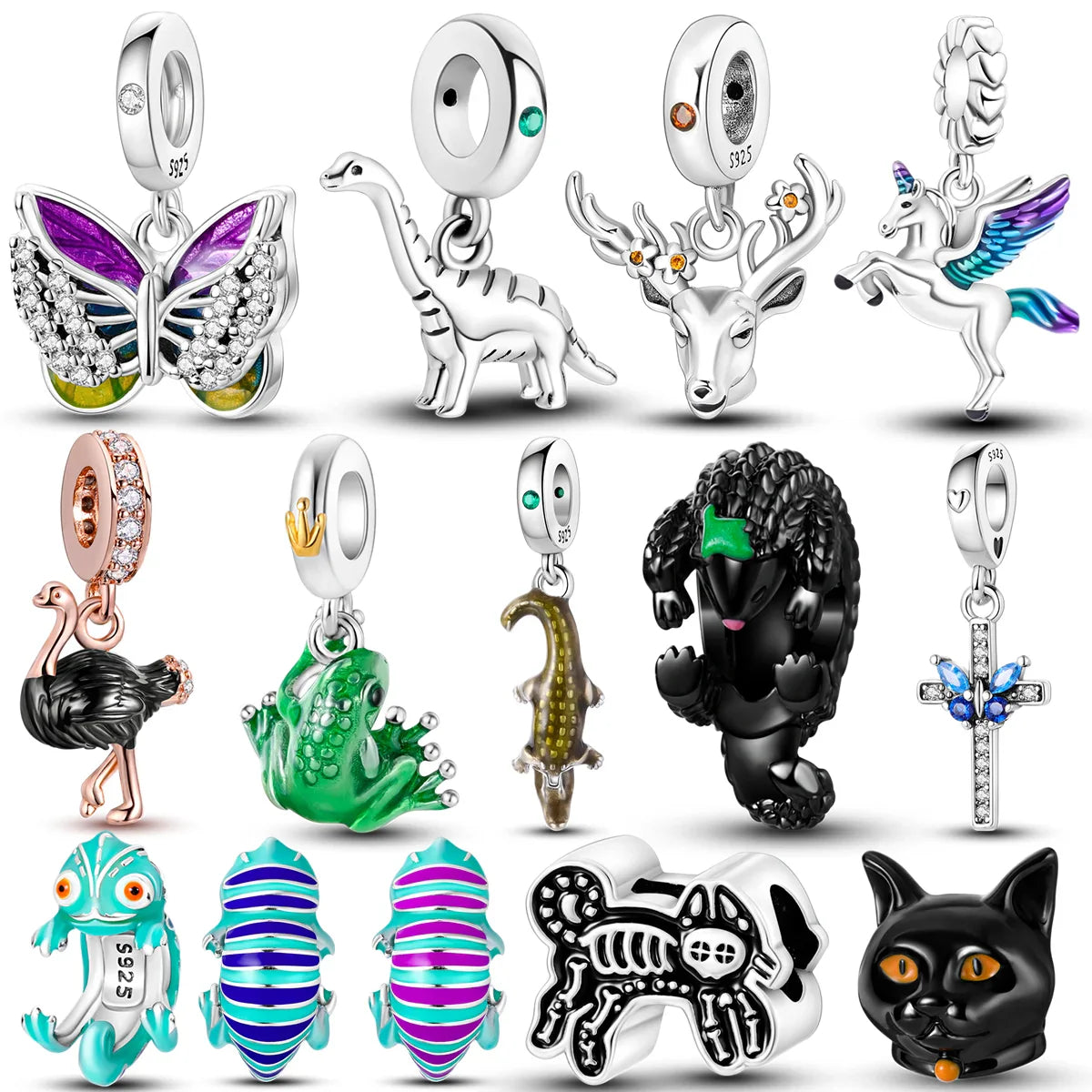 925 Silber Goldener Leopard Charms Perlen Bunte Chamäleon Nashorn Löwe Skarabäus Katze Anhänger Passend für Original Pandora Armband Schmuck