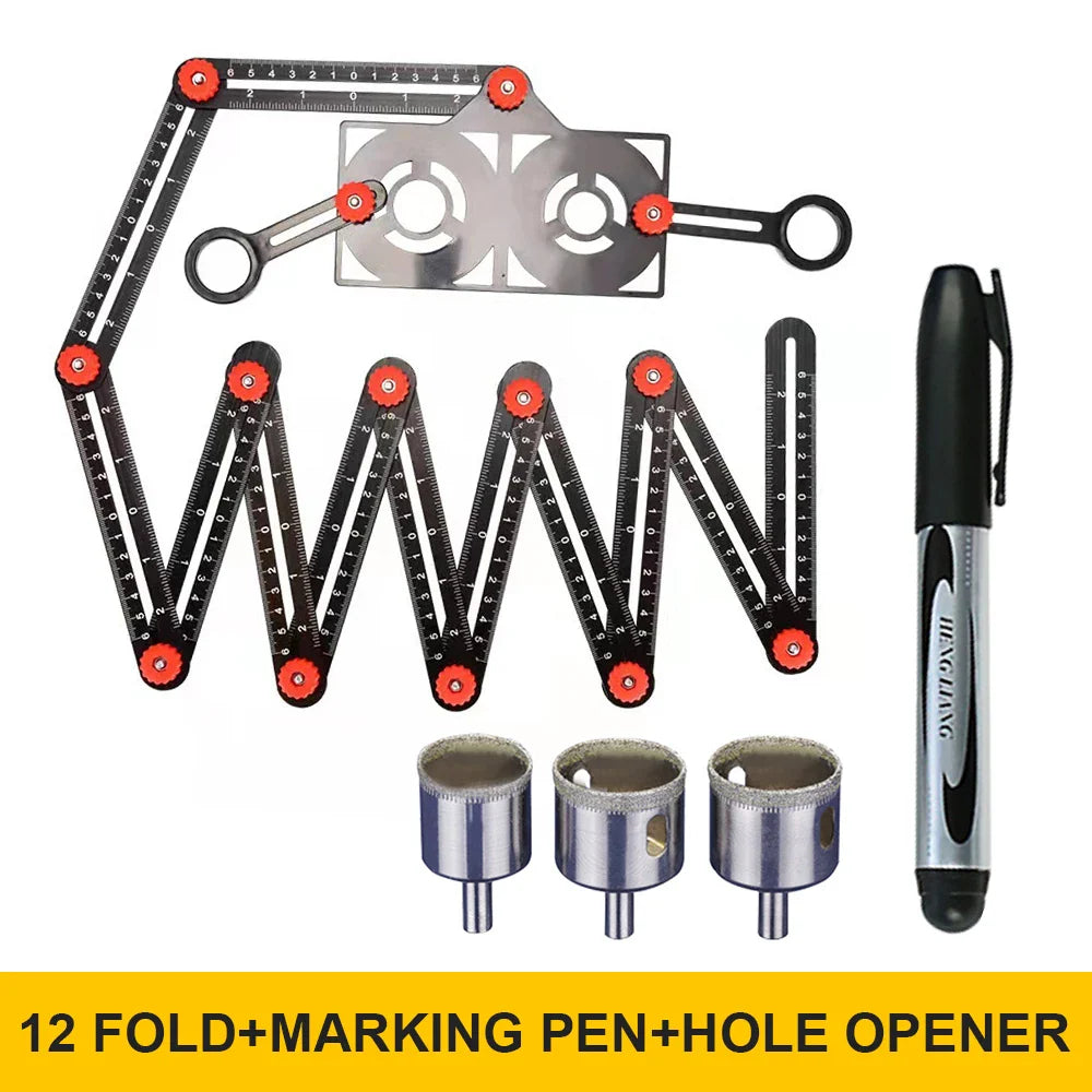 Aluminiumlegierung Multi-Winkel Lineal Finder: Messlineal mit 2 Bohr-Fliesen-Lochlocator - Essenzielles Werkzeug für Handwerker