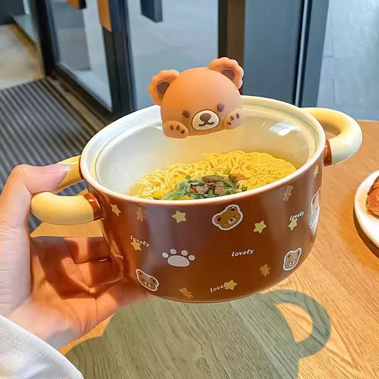 Keramischer Bären-Ramen-Schüssel mit Deckel