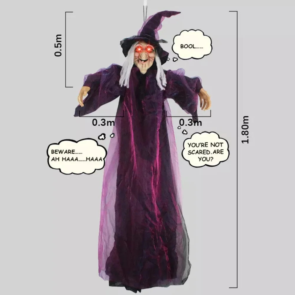 6-Fuß Lebensgroße Animierte Sprechende Hexe in Lila – Geräuschaktivierte Halloween-Hexe mit Leuchtenden Augen und Kreischendem Geräusch für Innen- und Außendekoration