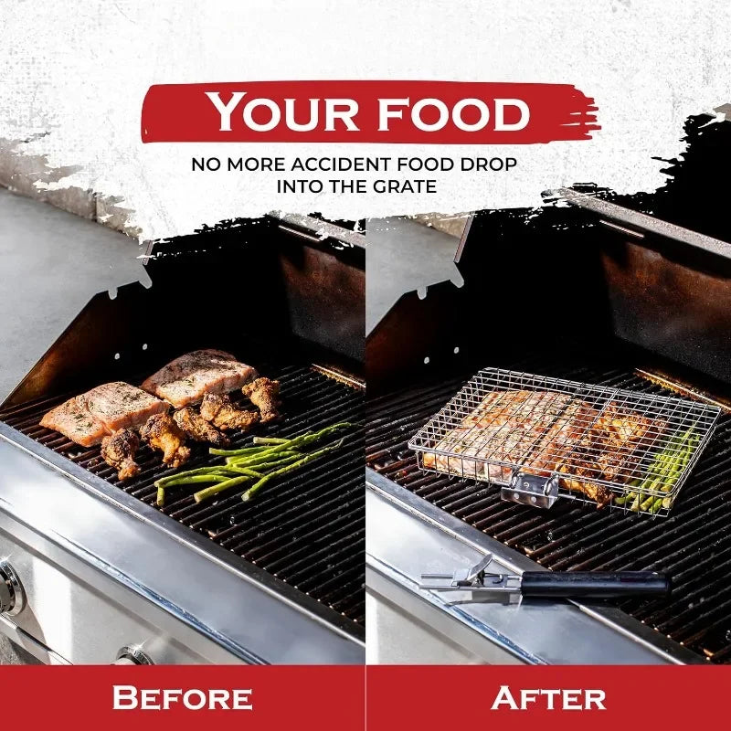Großes Edelstahl Grillkorb – Klappbares BBQ-Regal für Fisch, tragbare Outdoor-Camping- & Kochzubehör