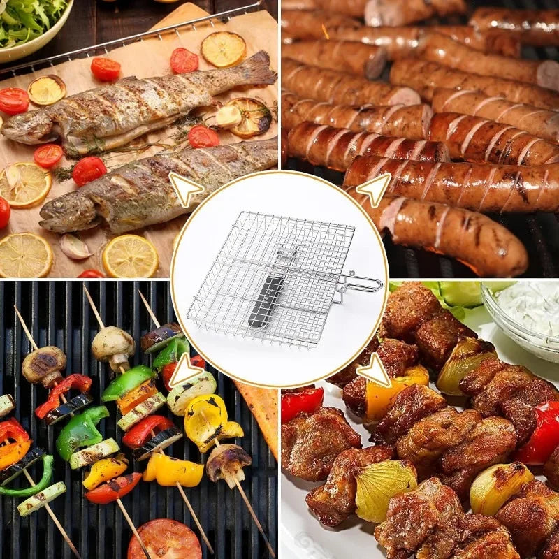 Großes Edelstahl Grillkorb – Klappbares BBQ-Regal für Fisch, tragbare Outdoor-Camping- & Kochzubehör
