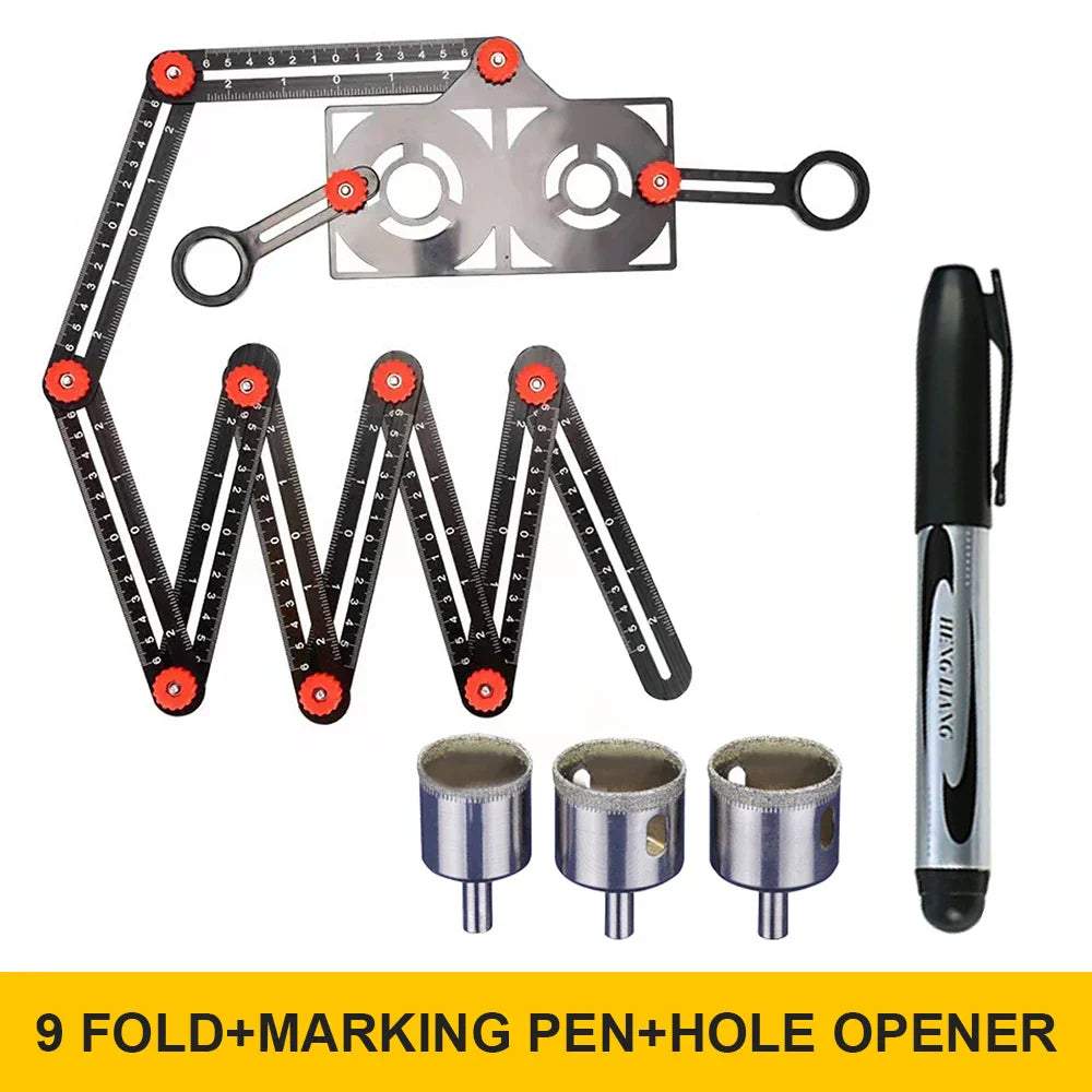 Aluminiumlegierung Multi-Winkel Lineal Finder: Messlineal mit 2 Bohr-Fliesen-Lochlocator - Essenzielles Werkzeug für Handwerker