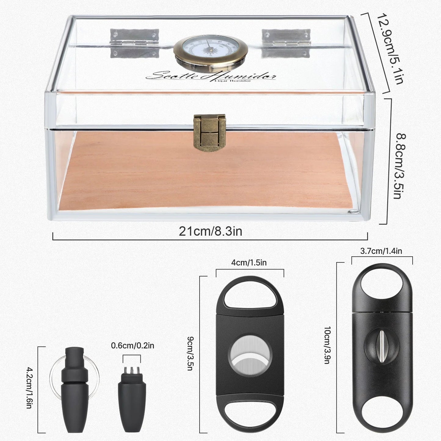 Scotte Acryl Zigarrenkoffer Humidor – Hält 20 Zigarren, Enthält Hygrometer, Befeuchter, Zigarrenschneider, Punzen & Zubehör