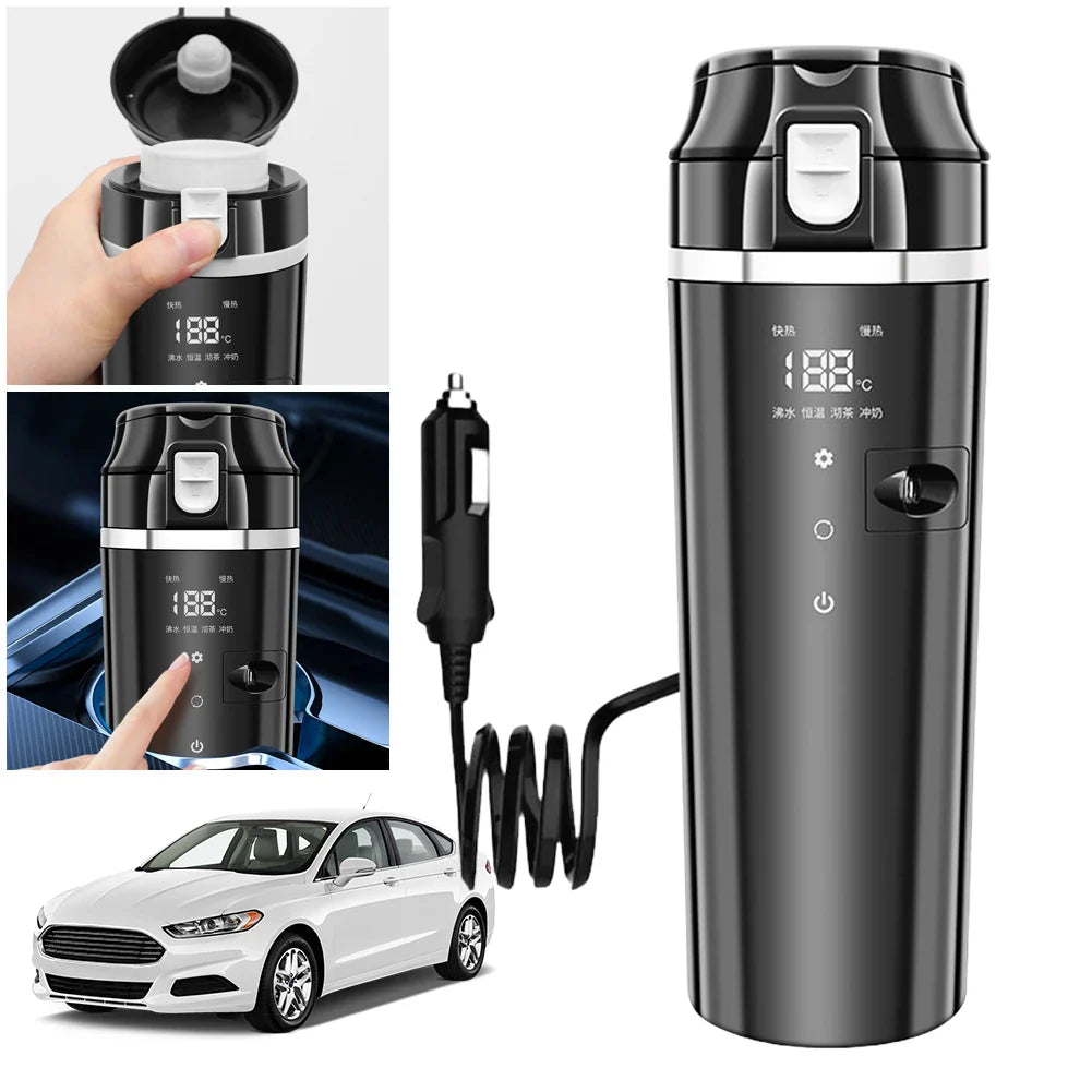 12V/24V Smart Auto Heizbecher - Elektrischer Wasserkocher mit Temperaturregelung, Edelstahl 500ML beheizte Smart Tasse zum Wassererwärmen