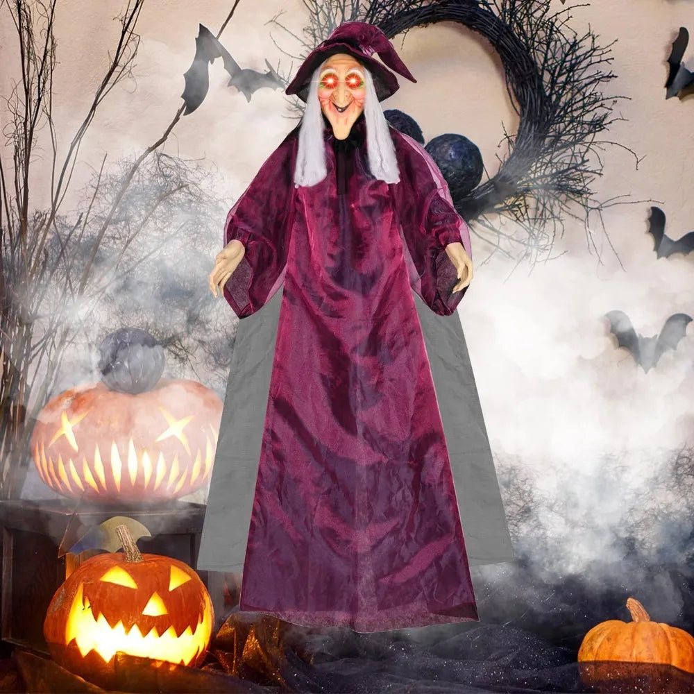 6-Fuß Lebensgroße Animierte Sprechende Hexe in Lila – Geräuschaktivierte Halloween-Hexe mit Leuchtenden Augen und Kreischendem Geräusch für Innen- und Außendekoration