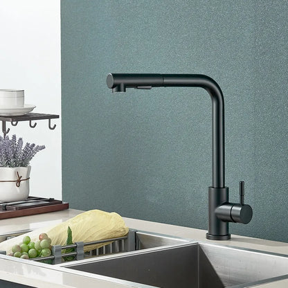Sandsberg | Schwarzer Auszieh-Küchenwasserhahn - Flexibler 2-Modus Strahl- und Sprühaufsatz, Edelstahl Mischbatterie für heißes und kaltes Wasser