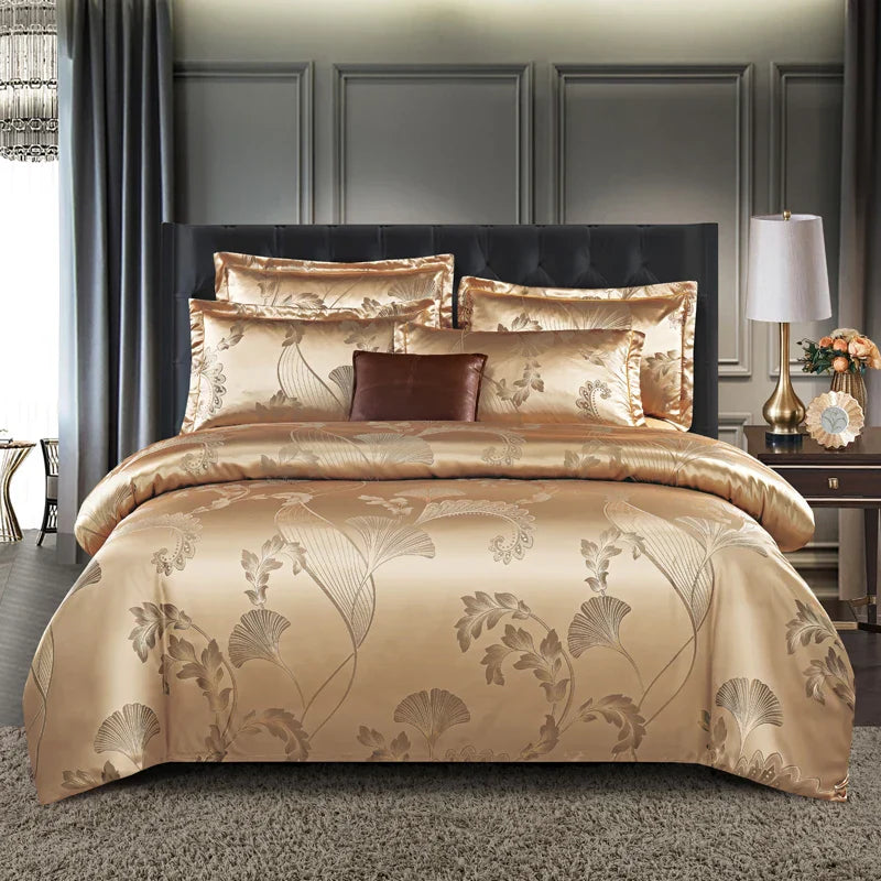Luxuriöser Satin Rayon Jacquard Bettbezug in Gold & Blau