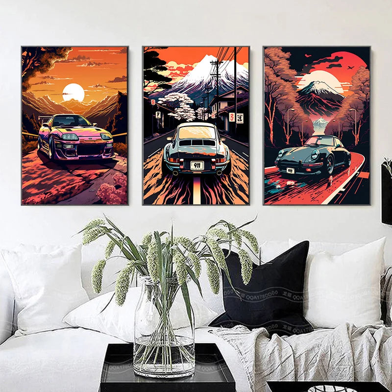 Retro Auto Leinwandmalerei Japan Mount Fuji Sonnenuntergang Wandkunst Landschaftsposter Wohnzimmer Innendruck Bilder Heimdekoration