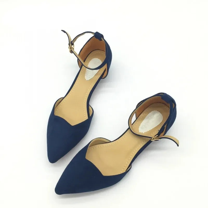 Frauen Schnalle Riemen Niedrig Absätze Pumps Spitz Zehe Flock D'Orsay Absätze Schuhe Einzelschuh Blau