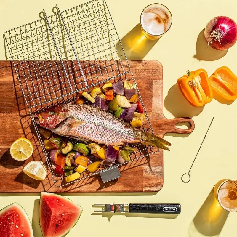 Großes Edelstahl Grillkorb – Klappbares BBQ-Regal für Fisch, tragbare Outdoor-Camping- & Kochzubehör