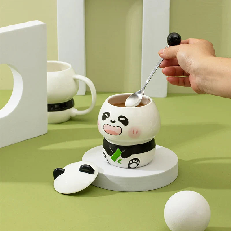 Keramische Panda-Tassen mit Deckel & Löffel