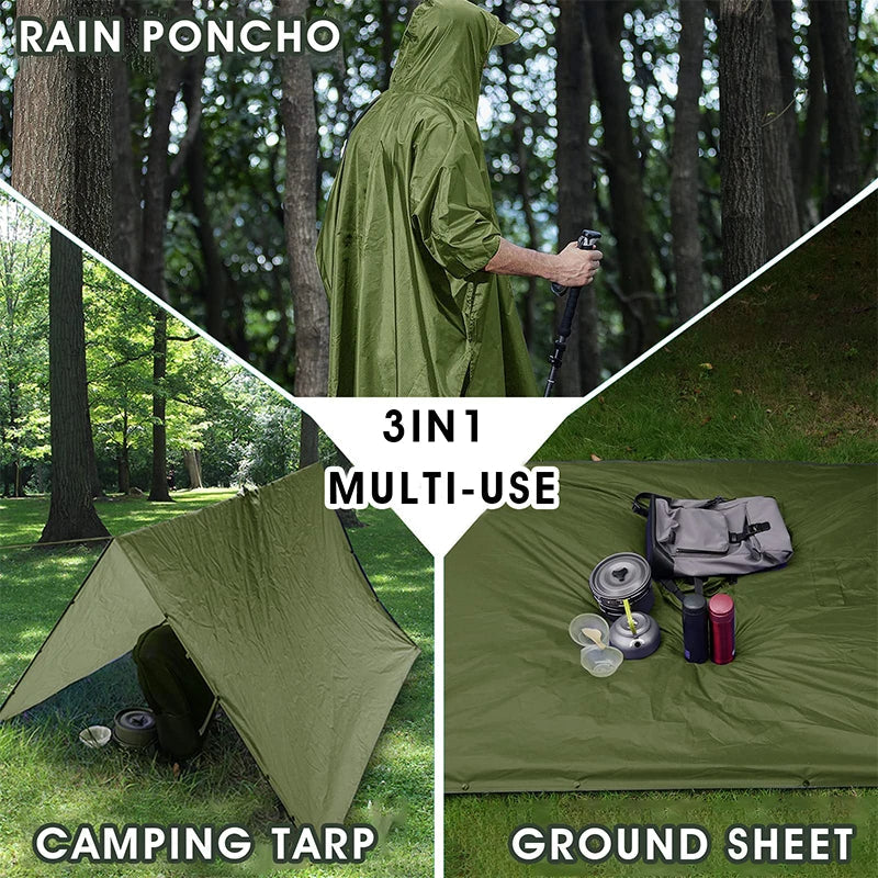 3-in-1 Outdoor Militär Regenmantel - Wasserdicht, Multifunktionales Herren- und Damen-Poncho - Motorrad Regenbekleidung und Picknickdecke