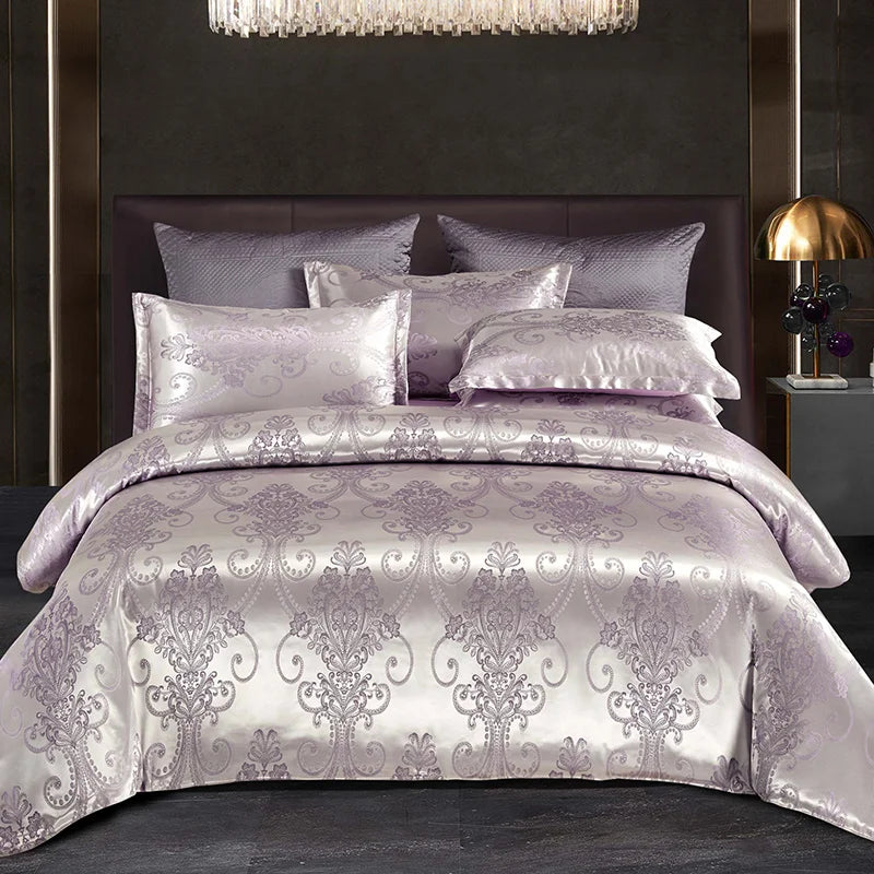 Luxuriöser Satin Rayon Jacquard Bettbezug in Gold & Blau
