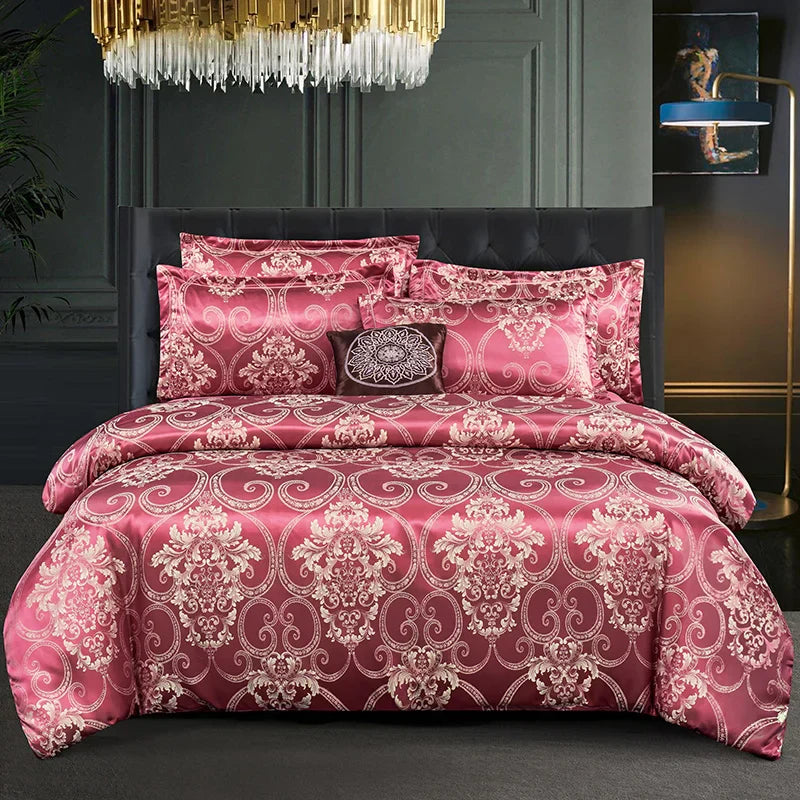 Luxuriöser Satin Rayon Jacquard Bettbezug in Gold & Blau