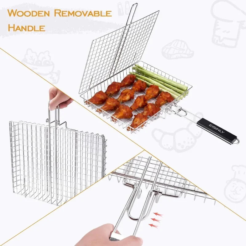 Großes Edelstahl Grillkorb – Klappbares BBQ-Regal für Fisch, tragbare Outdoor-Camping- & Kochzubehör