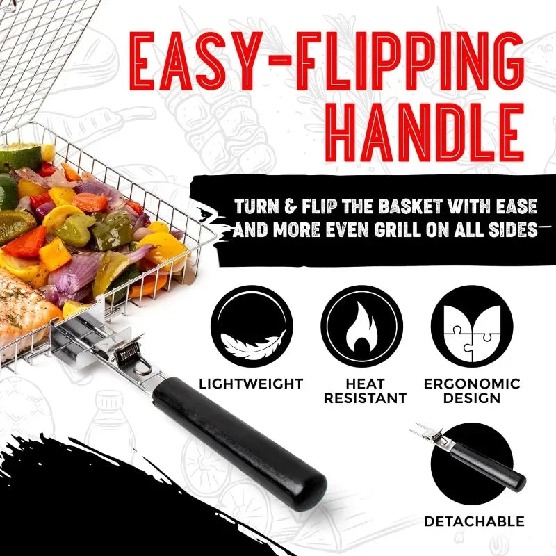 Großes Edelstahl Grillkorb – Klappbares BBQ-Regal für Fisch, tragbare Outdoor-Camping- & Kochzubehör