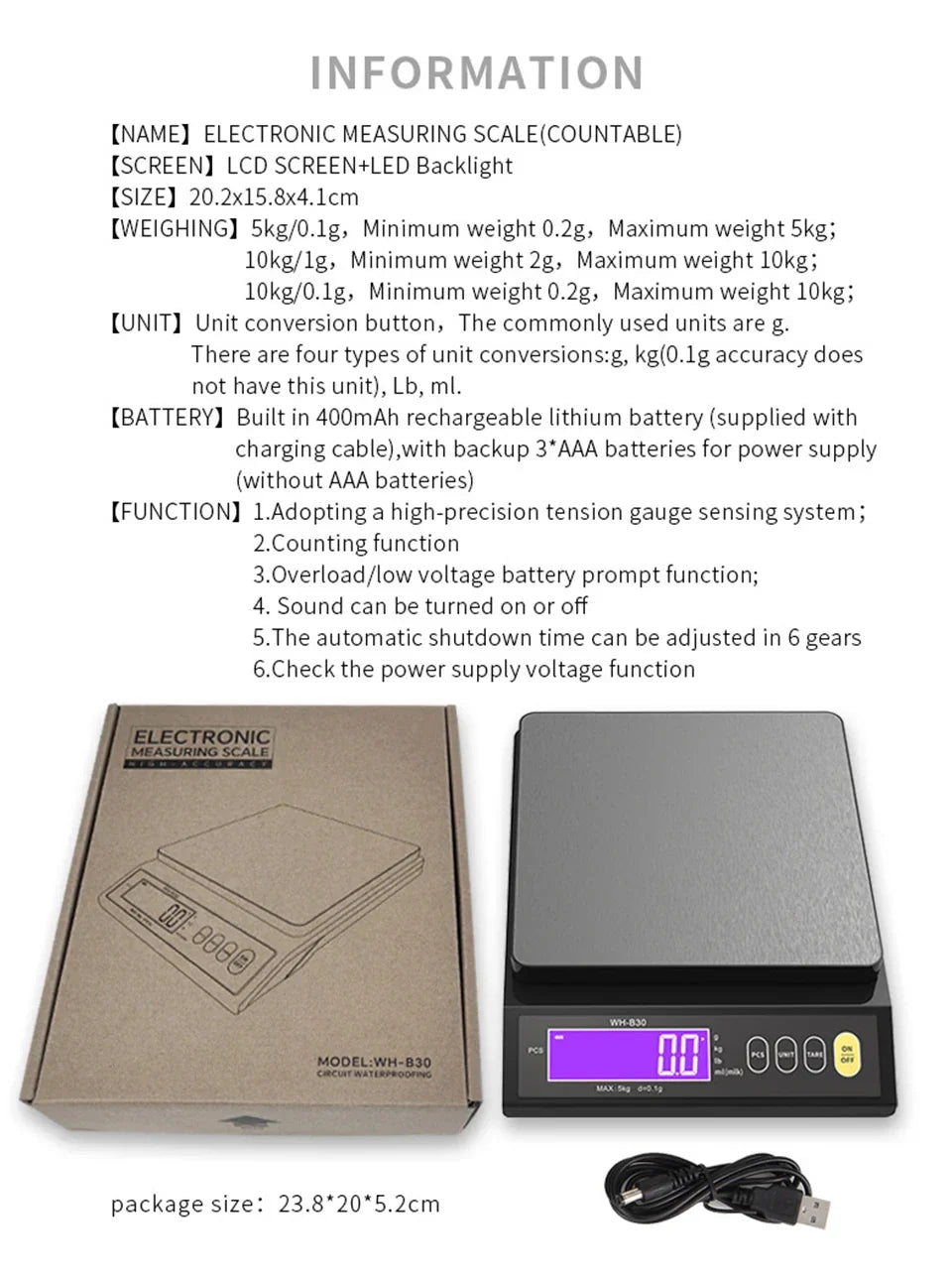 Sandsberg | 5 kg/0,1 g und 10 kg/1 g digitale elektronische Küchenwaage, LCD-Display, vollständig wasserdichtes Edelstahlbackwerkzeug