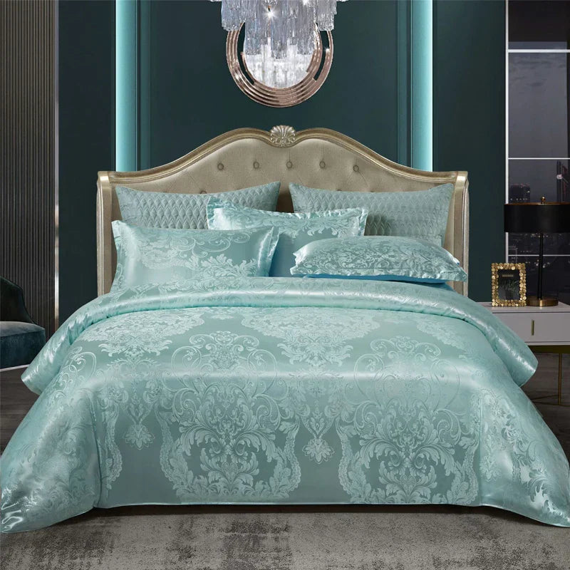Luxuriöser Satin Rayon Jacquard Bettbezug in Gold & Blau