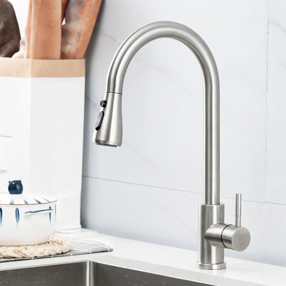 Ausziehbarer Wasserhahn mit Einhebelmischer – Flexibler Wasserhahn mit Sprühfunktion, Hochwertiger Edelstahl, Ideal für moderne Küchen, Einfache Installation