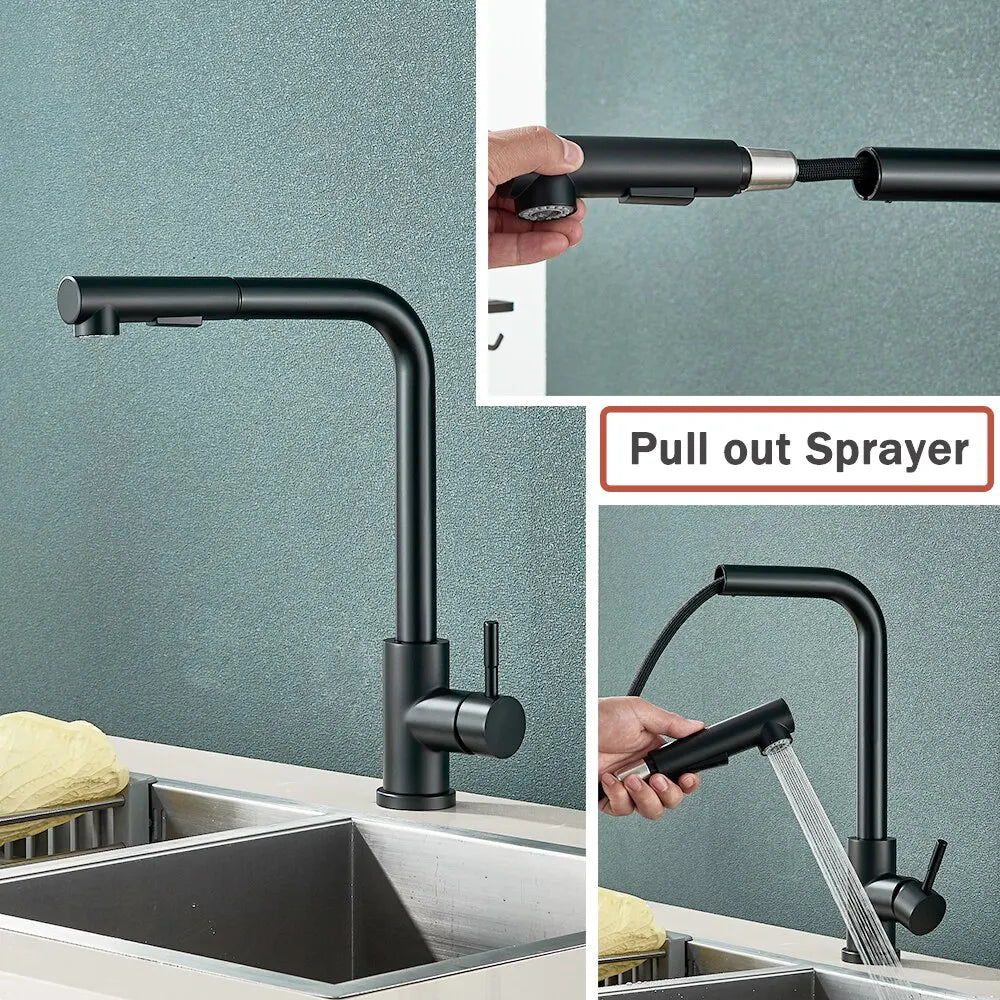 Sandsberg | Schwarzer Auszieh-Küchenwasserhahn - Flexibler 2-Modus Strahl- und Sprühaufsatz, Edelstahl Mischbatterie für heißes und kaltes Wasser