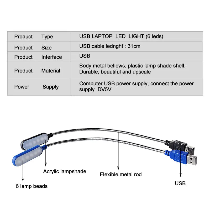 USB LED Mini Buchlicht - Flexible 6 LEDs für Power Bank, Laptop, Notebook, PC