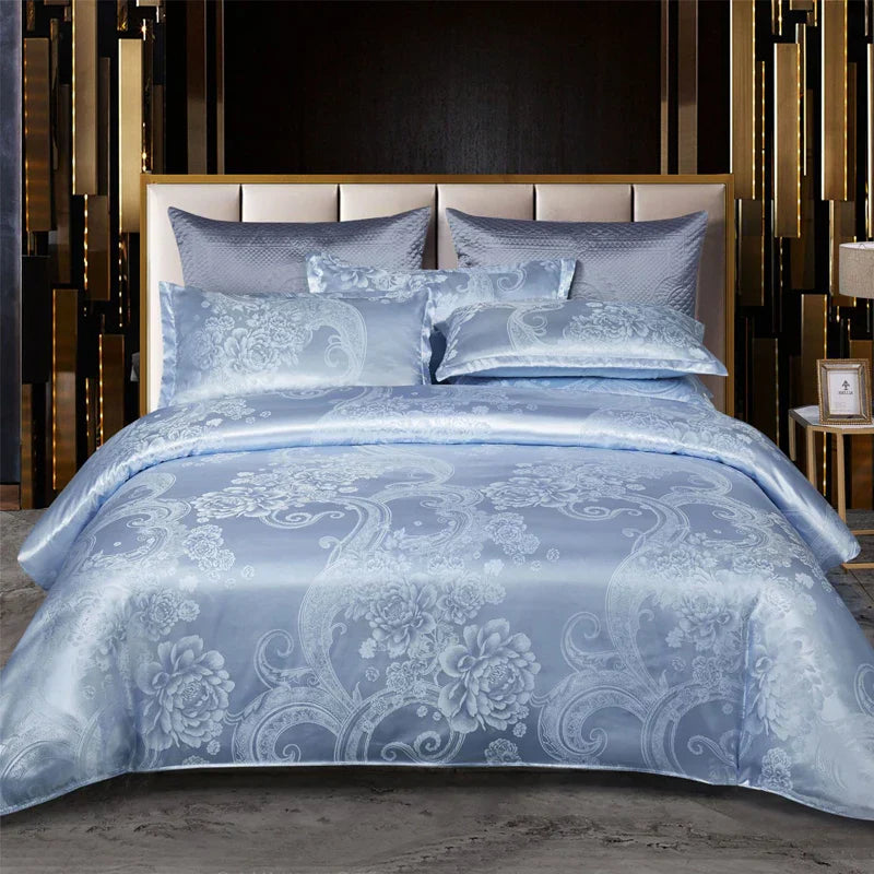 Luxuriöser Satin Rayon Jacquard Bettbezug in Gold & Blau