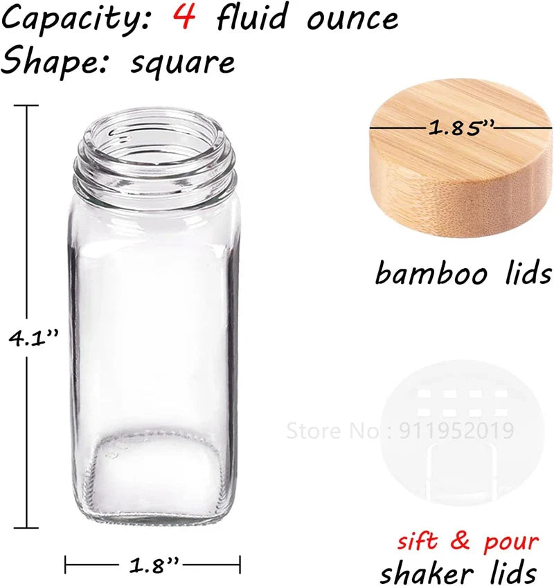 12 Stück Glas Gewürzgläser - 4 oz Glas Gewürzgläser mit Bambusdeckeln, Minimalistische Bauernhaus Gewürzetiketten Aufkleber, Zusammenklapptrichter