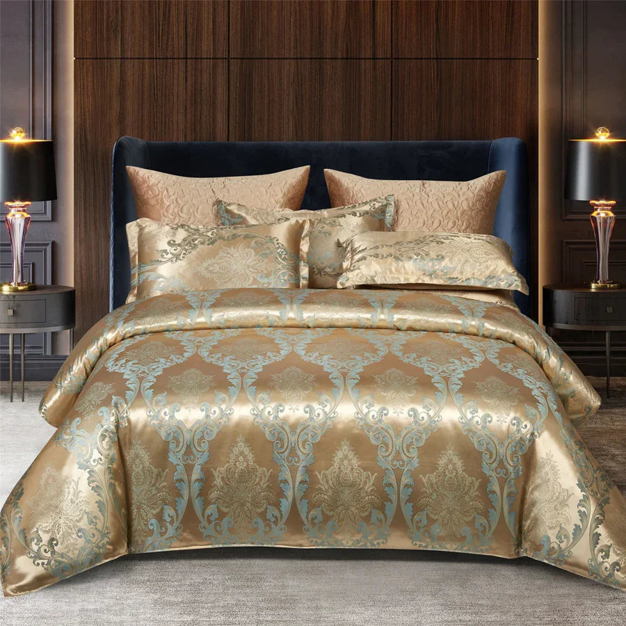Luxuriöser Satin Rayon Jacquard Bettbezug in Gold & Blau