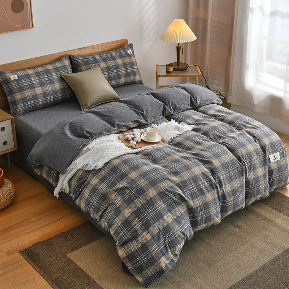 Sandsberg | 100% Baumwolle Bettdeckenbezug Set mit Kissenbezug Japan Stil Gitter Bettbezug 220x240 Bettbezug Set King Size
