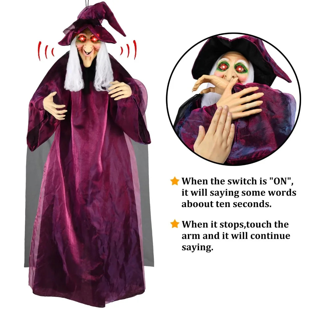 6-Fuß Lebensgroße Animierte Sprechende Hexe in Lila – Geräuschaktivierte Halloween-Hexe mit Leuchtenden Augen und Kreischendem Geräusch für Innen- und Außendekoration
