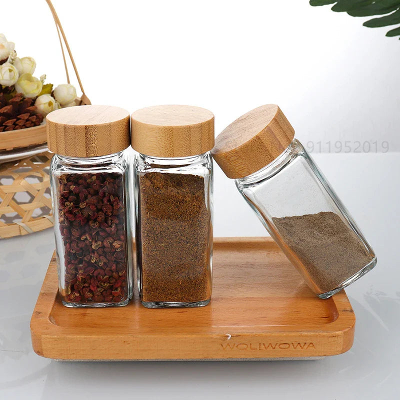 12 Stück Glas Gewürzgläser - 4 oz Glas Gewürzgläser mit Bambusdeckeln, Minimalistische Bauernhaus Gewürzetiketten Aufkleber, Zusammenklapptrichter