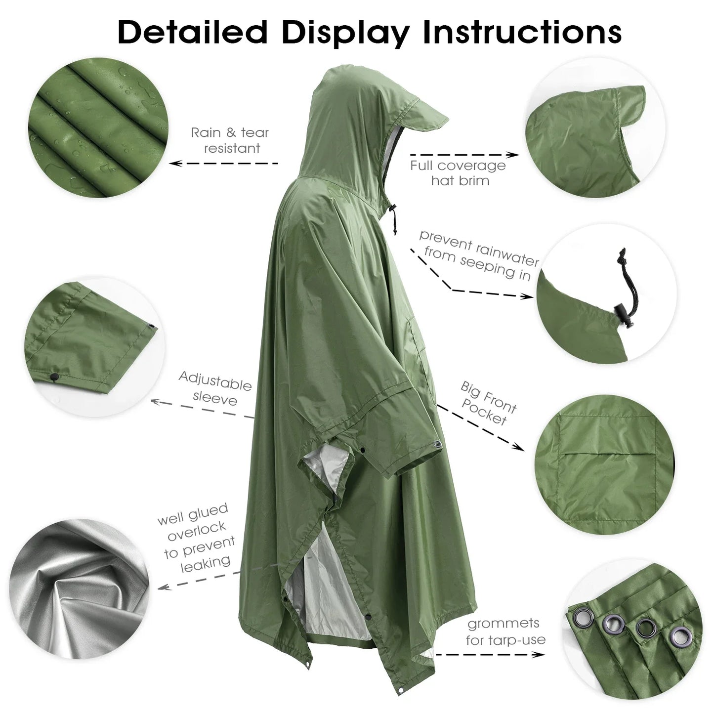 3-in-1 Outdoor Militär Regenmantel - Wasserdicht, Multifunktionales Herren- und Damen-Poncho - Motorrad Regenbekleidung und Picknickdecke