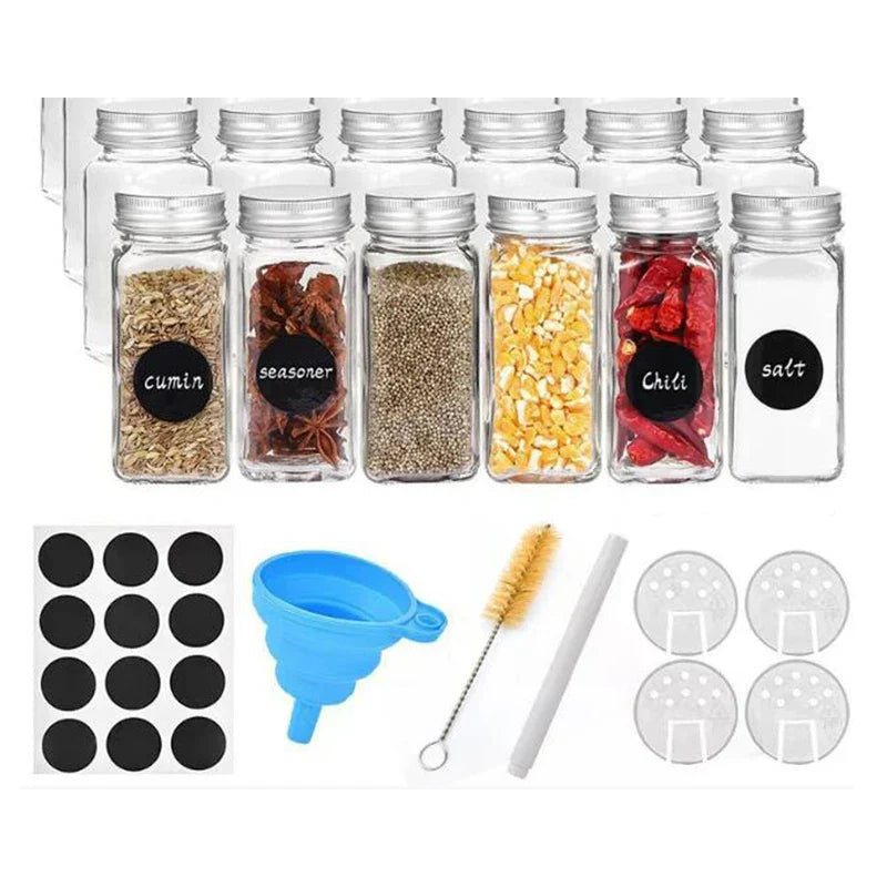 12 Stück Glas Gewürzgläser - 4 oz Glas Gewürzgläser mit Bambusdeckeln, Minimalistische Bauernhaus Gewürzetiketten Aufkleber, Zusammenklapptrichter