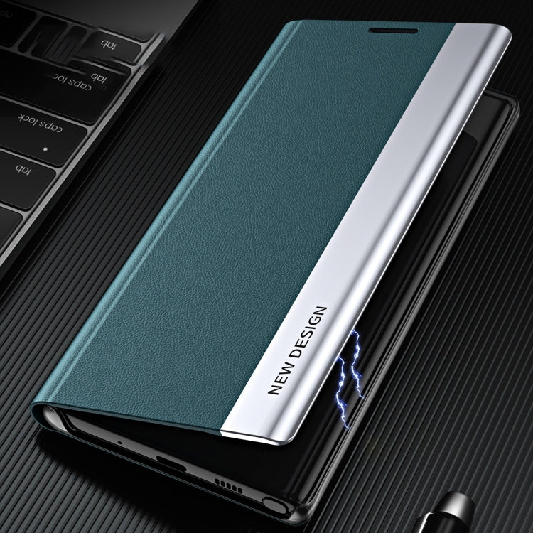 Für Samsung Galaxy S24+ 5G Seiten elektroplattierte Adsorptions-Leder-Handyhülle (Saphir Blau)