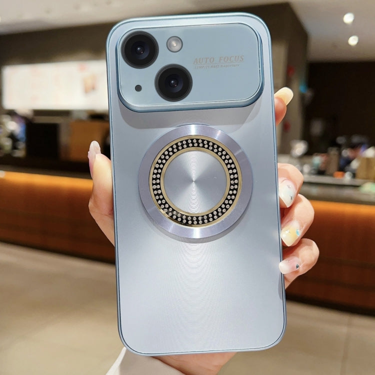 Für iPhone 14 Plus Großes Fenster Diamant Vergrößerungsglas Magnetische Handyhülle (Sierra Blau)