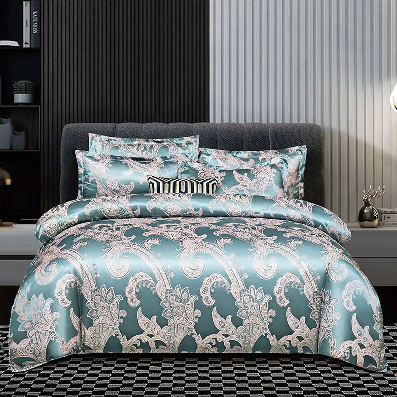 Luxuriöser Satin Rayon Jacquard Bettbezug in Gold & Blau