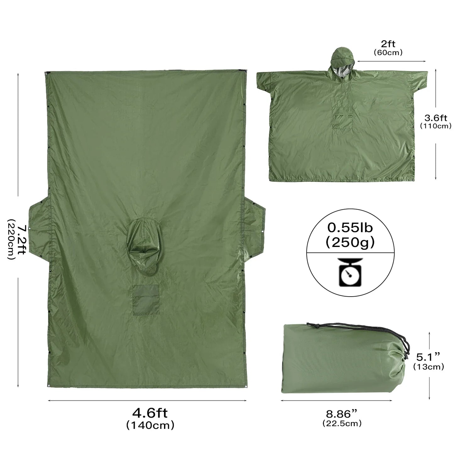 3-in-1 Outdoor Militär Regenmantel - Wasserdicht, Multifunktionales Herren- und Damen-Poncho - Motorrad Regenbekleidung und Picknickdecke