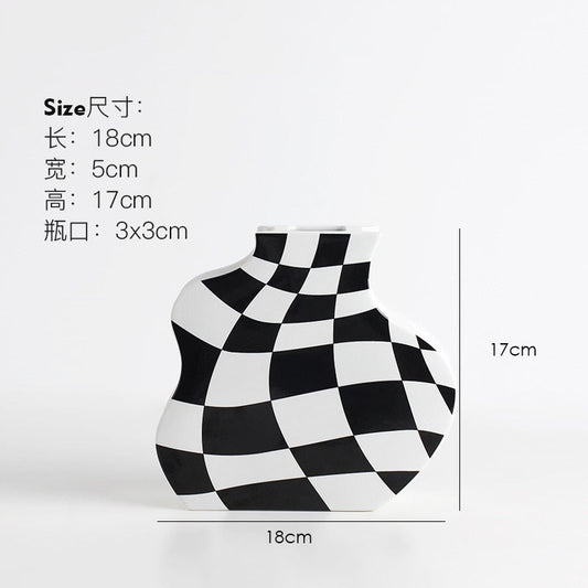 Schwarz-weiße Keramikvase, Dekoration, Schachbrettmuster, High Sense, getrocknete Blumenvase, Wohnzimmer, Blumenarrangement, Heimdekoration