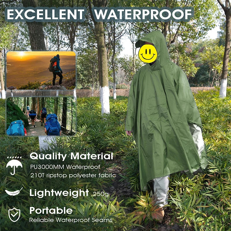 3-in-1 Outdoor Militär Regenmantel - Wasserdicht, Multifunktionales Herren- und Damen-Poncho - Motorrad Regenbekleidung und Picknickdecke