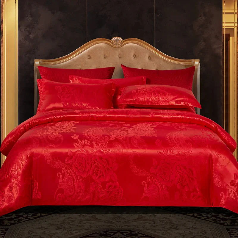 Luxuriöser Satin Rayon Jacquard Bettbezug in Gold & Blau