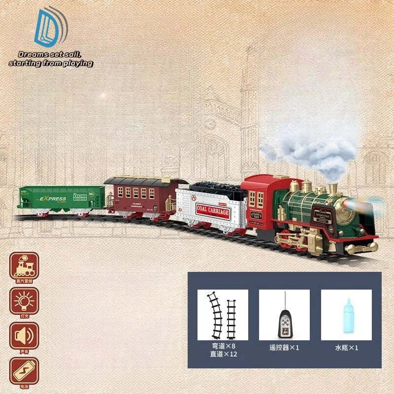 Fernbedienung Antike Dampflok Set - Weihnachtsgeschenk für Kinder, wiederaufladbare elektrische Lokomotive mit Lichtern & Geräuschen für Urlaubsvergnügen