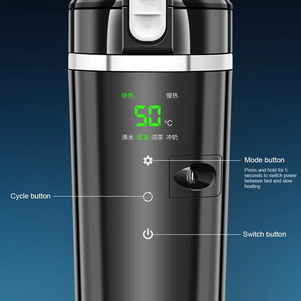 12V/24V Smart Auto Heizbecher - Elektrischer Wasserkocher mit Temperaturregelung, Edelstahl 500ML beheizte Smart Tasse zum Wassererwärmen