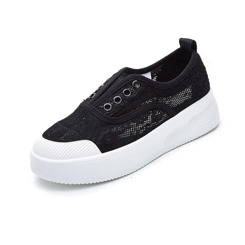 Sommer Schuhe Damen Sneakers Atmungsaktive Schnürschuhe Flats Damen Dicke Sohle Schwarz Weiß